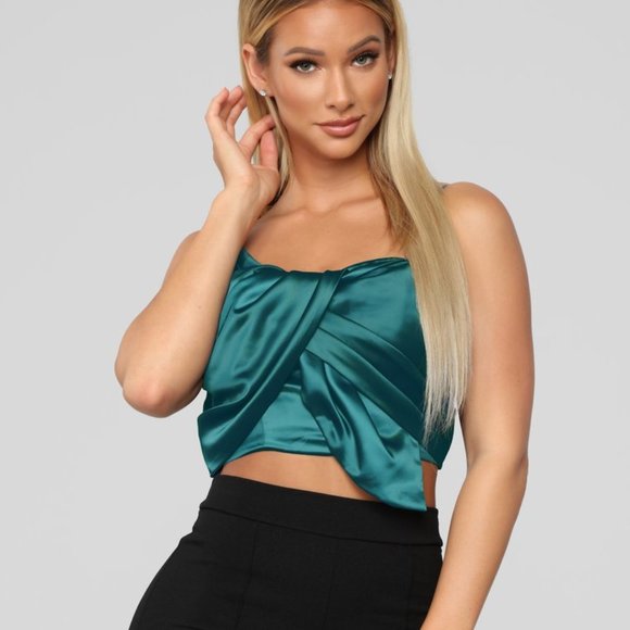 Fashion Nova Tops - Love Fame Cropped Satin Top - Teal